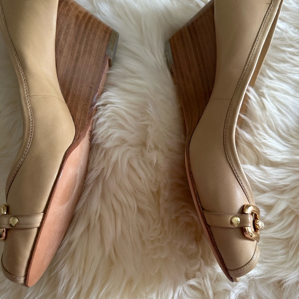 Coach Tan Peep-Toe Heels with Gold Accents - Picture 3 of 3